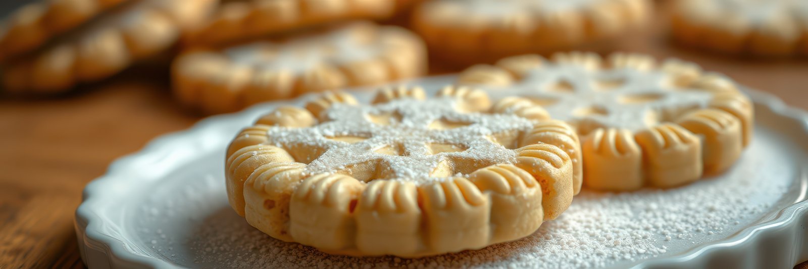 Delicious cookies arranged on a white plate surrounded by more cookies on a wooden table